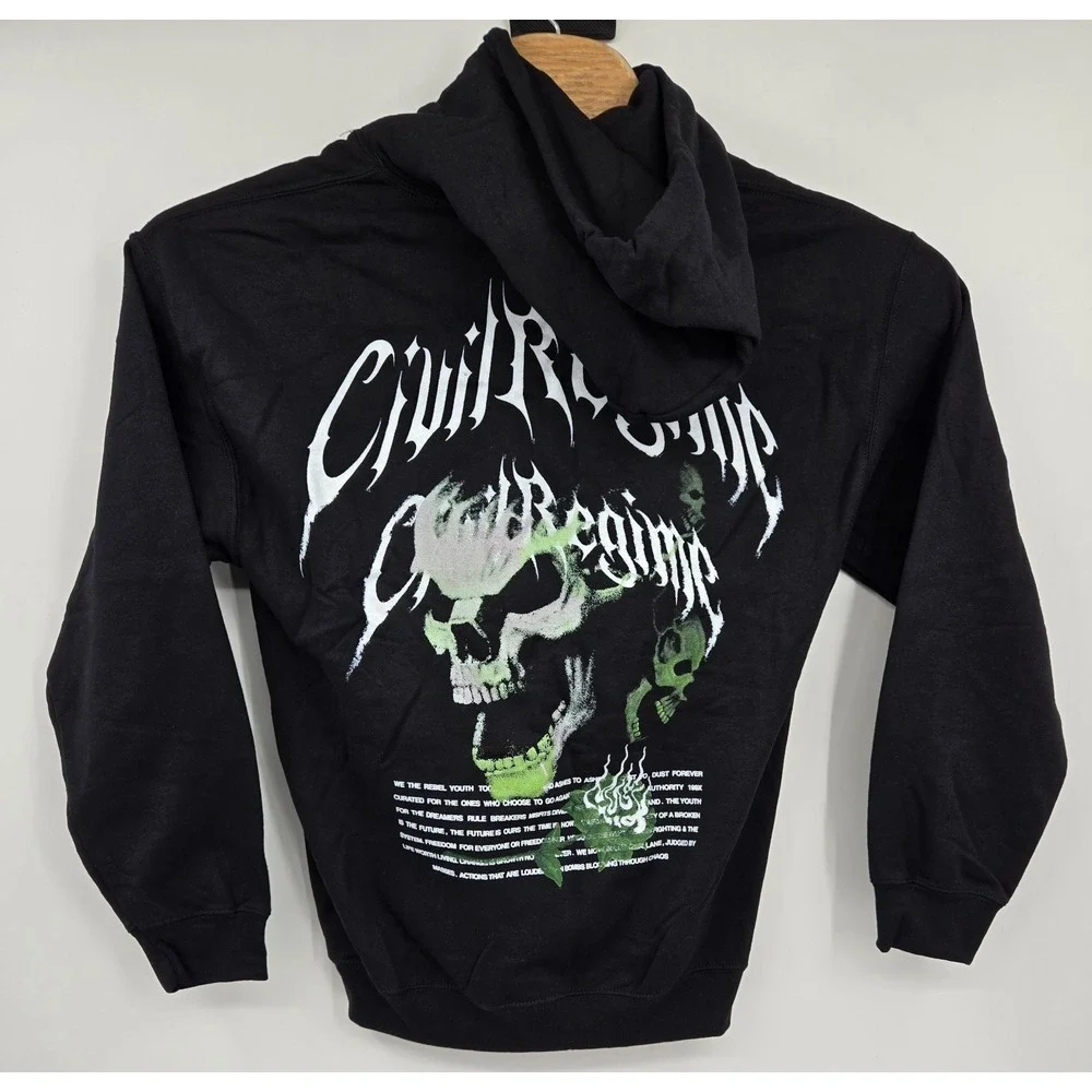Civil Regime Pullover Hoodie Mens M Black Graphic Skull Kangaroo Pocket Sweater - Picture 2 of 6